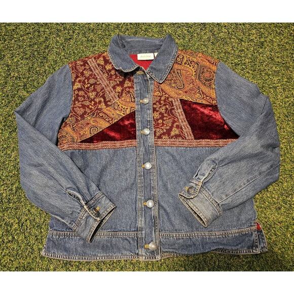 STUDIO WORKS woman M Jacquard Velvet DENIM JACKET Paisley Patchwork Fully Lined - Picture 1 of 8